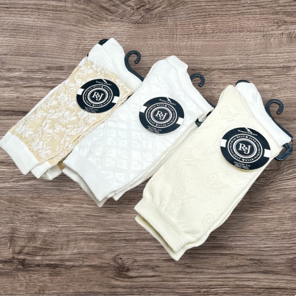 R&J Accessories - Vintage RJ Patterned Cream Beige Socks 3 Sets 6 Pairs Total Size 9-11 Women’s